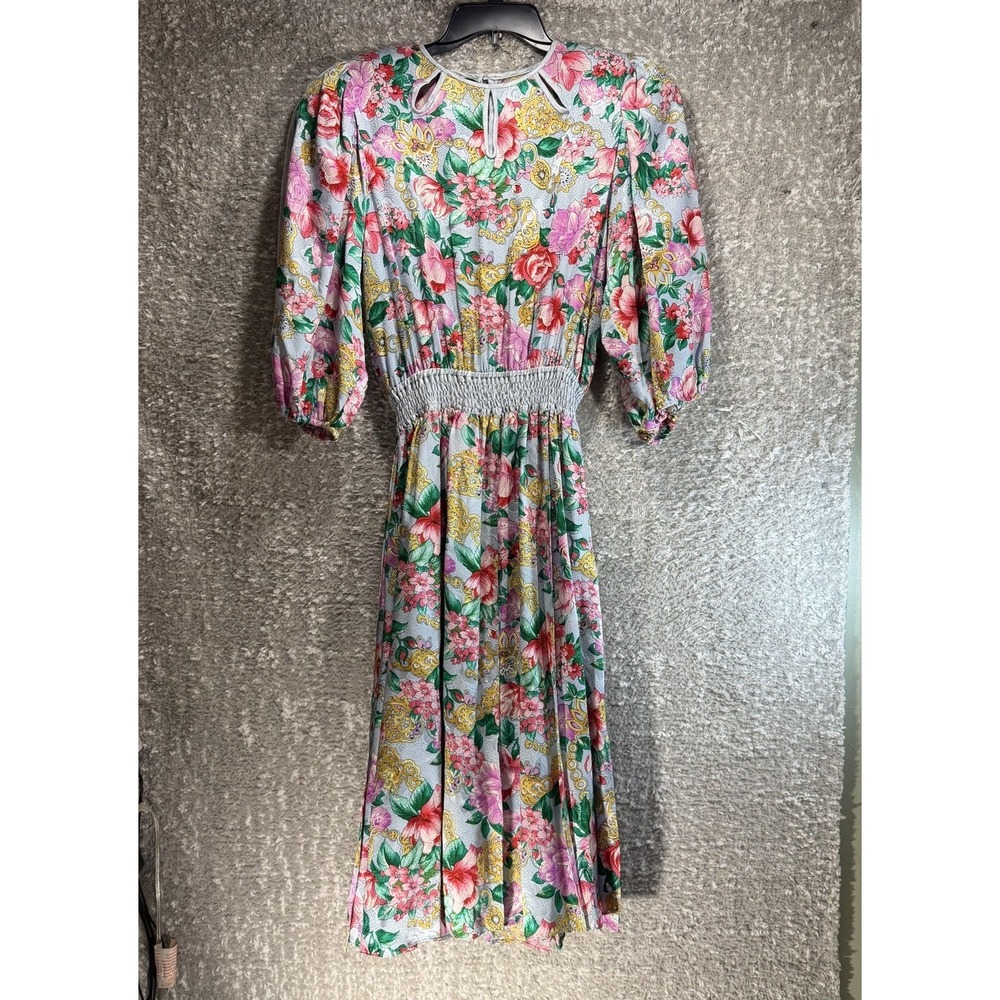 VTG 1980s Diane Freis Satin Silk Midi Dress Elastic Waist Preppy Elegant Peasant